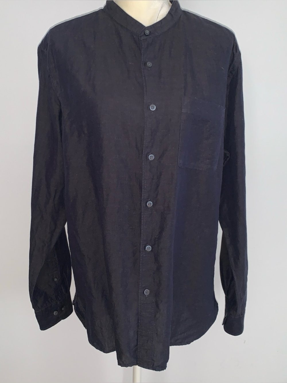 Uniqlo Navy 100% Linen Button Up Shirt Top Long Sleeve Preppy Henley Collar Y2k